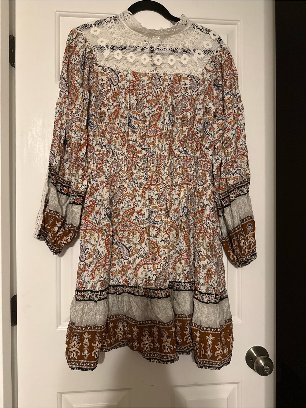 Boutique Paisley Print Lace Yoke Mini Dress XL Smocked Waist Long Sleeve Viscose